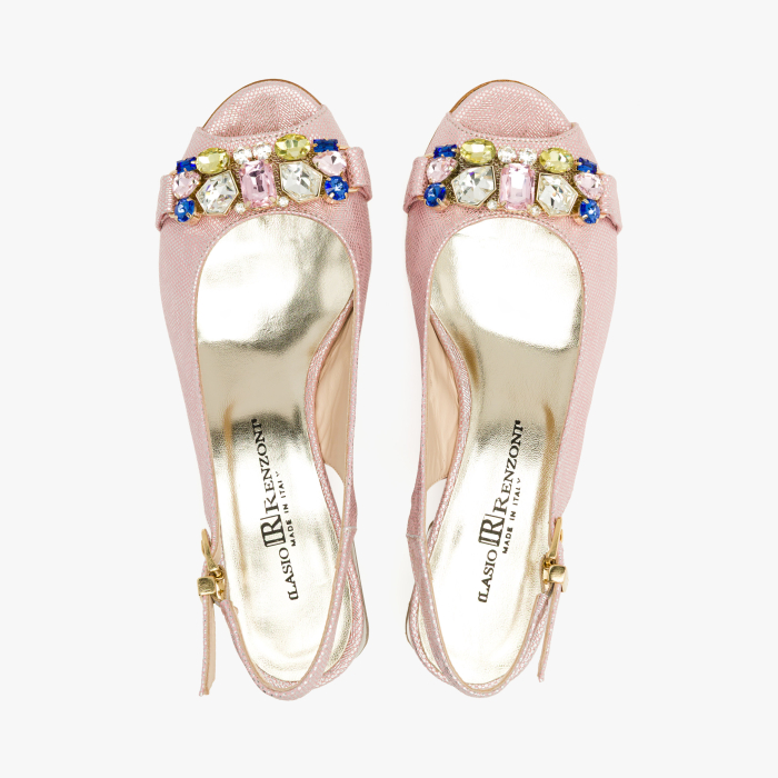 Sandale Dama Elegante, Piele Naturala, Roz Sidefat, Slingback Reglabil, Varf Decupat Peep-Toe, Cristale Multicolore, Renzoni 5850 [3]