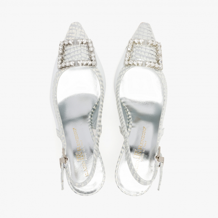 Pantofi Sanda Dama Elegante din Piele, Culoare Alb cu Argintiu, Catarama cu Cristale, Renzoni 4043 [3]