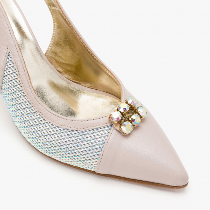 Pantofi Sanda Dama Crem cu Toc Subtire de 7cm, Piele Stantata Argintie, Cristale, Renzoni 6494 [4]