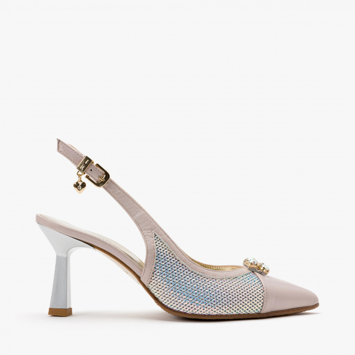 Pantofi Sanda Dama Crem cu Toc Subtire de 7cm, Piele Stantata Argintie, Cristale, Renzoni 6494 [2]