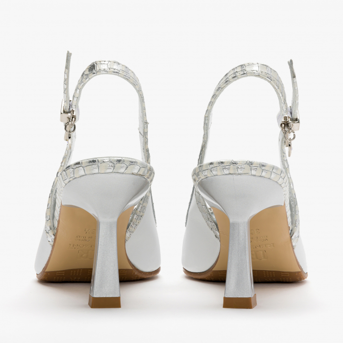 Pantofi Sanda Dama Elegante din Piele, Culoare Alb cu Argintiu, Catarama cu Cristale, Renzoni 4043 [5]