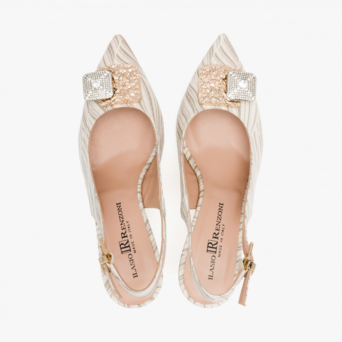 Pantofi Sanda Dama Elegante, Bej, Accesoriu Gravat, Cristale, Piele Imprimata, Renzoni 6404 [3]