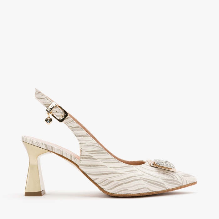 Pantofi Sanda Dama Elegante, Bej, Accesoriu Gravat, Cristale, Piele Imprimata, Renzoni 6404 [2]