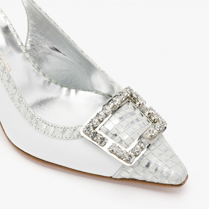 Pantofi Sanda Dama Elegante din Piele, Culoare Alb cu Argintiu, Catarama cu Cristale, Renzoni 4043 [4]
