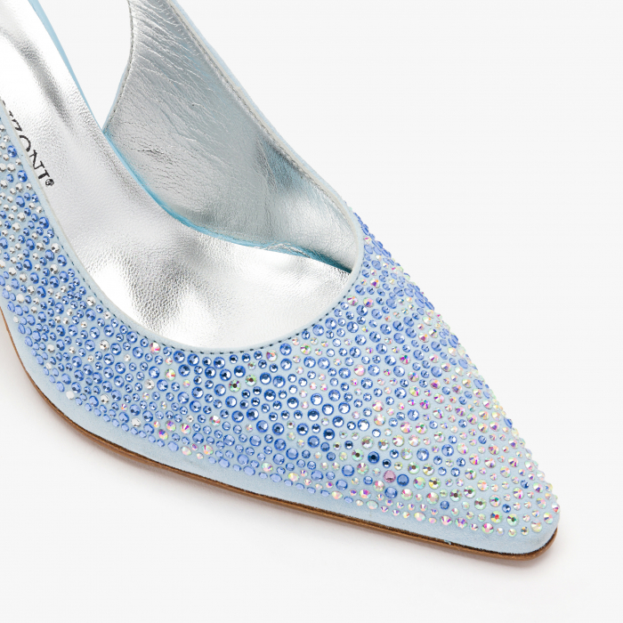 Pantofi Sanda Dama Bleu, Piele Intoarsa Acoperita cu Cristale, Toc Subtire, 8 cm, Renzoni 4042 [4]