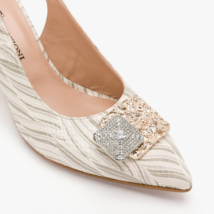 Pantofi Sanda Dama Elegante, Bej, Accesoriu Gravat, Cristale, Piele Imprimata, Renzoni 6404 [4]