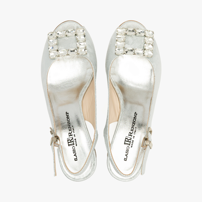 Sandale Dama Elegante, Piele Naturala, Argintiu Metalizat Sidefat, Slingback Reglabil, Varf Decupat Peep-Toe, Toc Gros 6 cm, Renzoni 5839 [3]