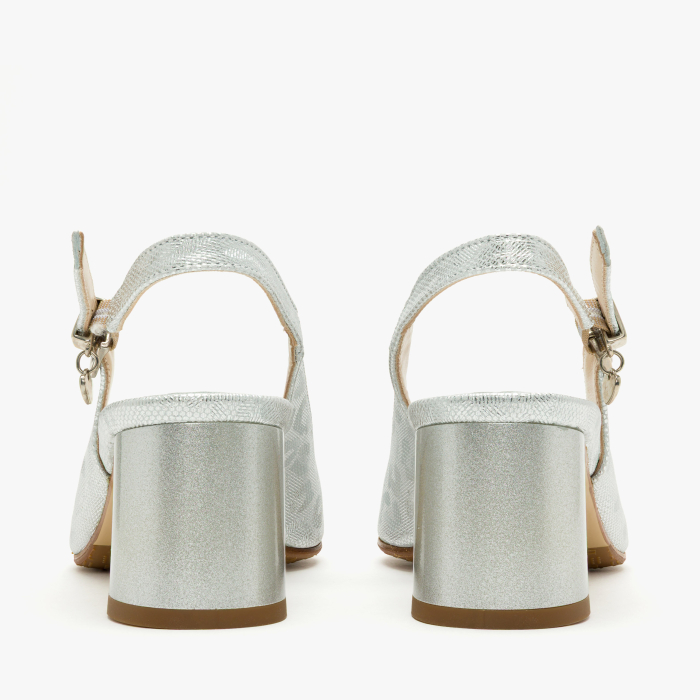 Sandale Dama Elegante, Piele Naturala, Argintiu Metalizat Sidefat, Slingback Reglabil, Varf Decupat Peep-Toe, Toc Gros 6 cm, Renzoni 5839 [5]