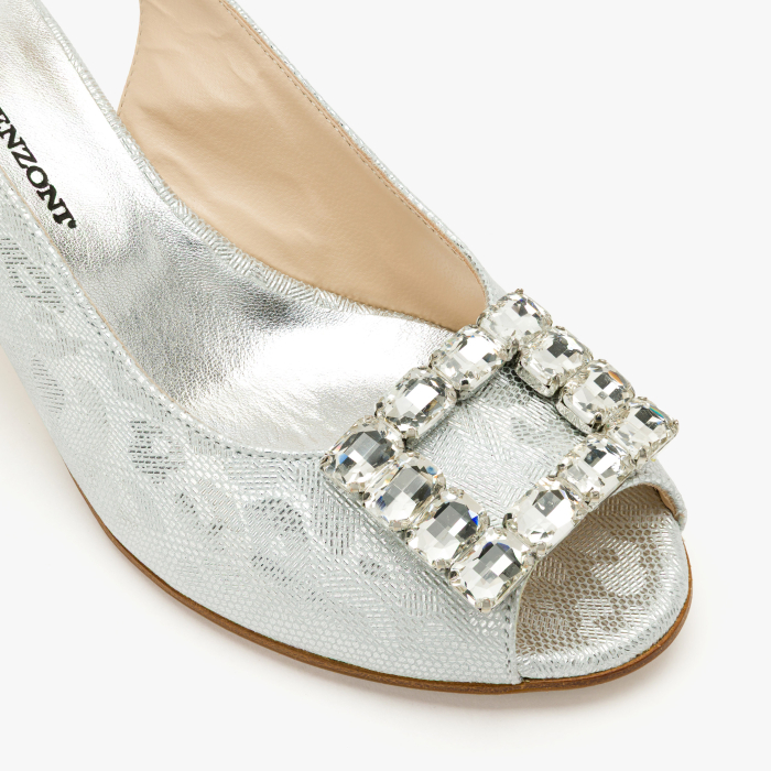 Sandale Dama Elegante, Piele Naturala, Argintiu Metalizat Sidefat, Slingback Reglabil, Varf Decupat Peep-Toe, Toc Gros 6 cm, Renzoni 5839 [4]