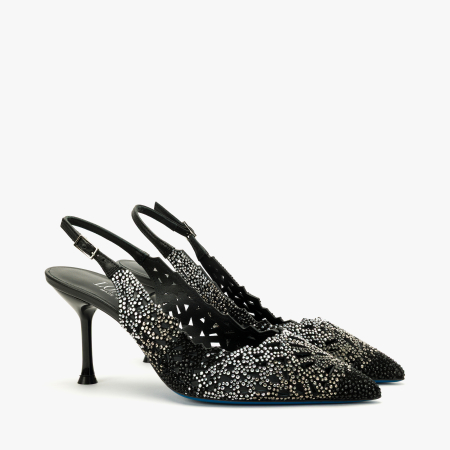 Pantofi Sanda Eleganti - Pantofi Sanda Dama Negru-Argintiu, Piele Naturala, Toc Subtire, Talpa Exterioara Albastra, Talpa de Piele, Loriblu 3EL8SB88