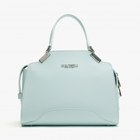 Genti Dama - Geantă Damă Elegantă din Piele Lăcuită, Bleu Pastel, cu Siglă Aurie și Baretă de Umăr, Gilda Tonelli 1057
