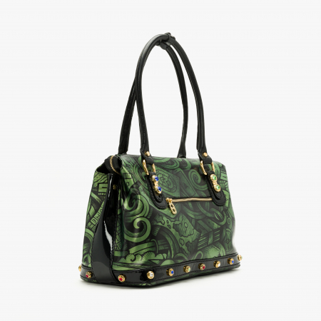 Geantă Damă Elegantă din Piele Lăcuită Verde cu Cristale Swarovski și Breloc Auriu, Marino Orlandi 4926 [1]