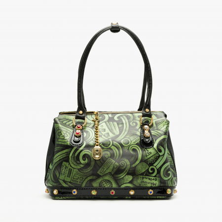 Genti Dama - Geantă Damă Elegantă din Piele Lăcuită Verde cu Cristale Swarovski și Breloc Auriu, Marino Orlandi 4926