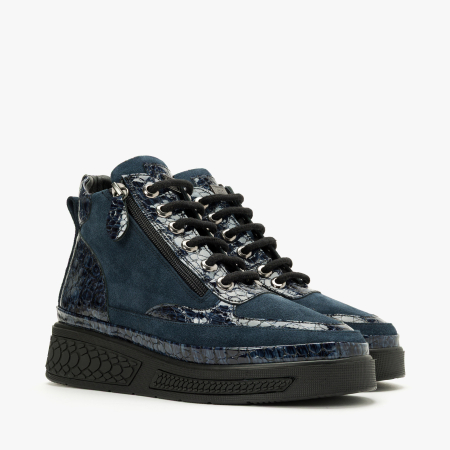 Incaltaminte Dama - Ghete Damă Casual din Piele Intoarsă Bleumarin, Fermoar Lateral, Șireturi Negre, LAB Milano by Renzoni 035LAB02671