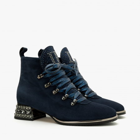 Ghete Dama Elegante, Bleumarin, Piele Intoarsa, Cristale Swarovski, Toc Gros 4 cm, Renzoni 4208 [0]