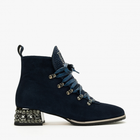 Ghete Dama Elegante, Bleumarin, Piele Intoarsa, Cristale Swarovski, Toc Gros 4 cm, Renzoni 4208 [1]