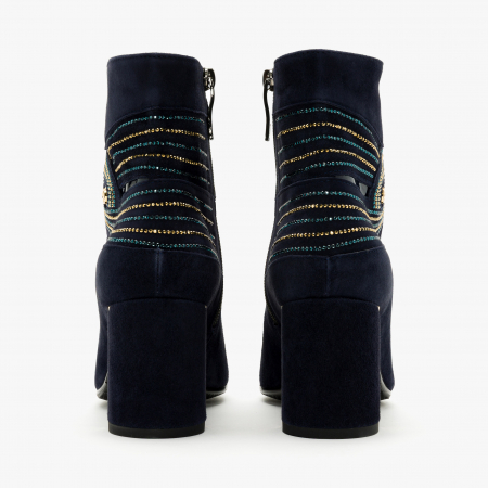 Ghete Dama Elegante, Bleumarin, Piele Intoarsa, Cristale Swarovski, Toc Gros 7 cm, Accademia 7323 [3]