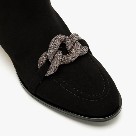 Ghete Damă Elegante Negre din Piele Întoarsă, Accesoriu Tip Lanț Argintiu și Fermoar Lateral, Renzoni 4351 [2]