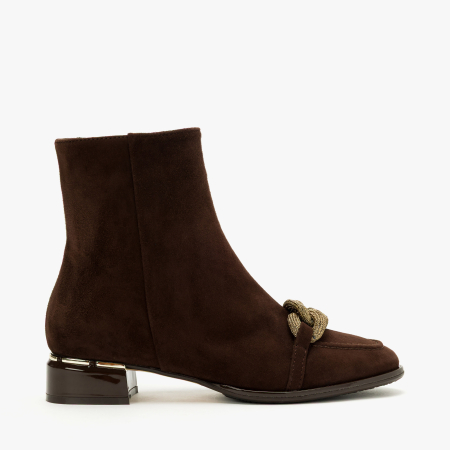 Ghete Damă Elegante din Piele Întoarsă, Maro, Accesoriu Tip Lanț Auriu și Toc Lucios Metalizat, Renzoni 4351 [1]