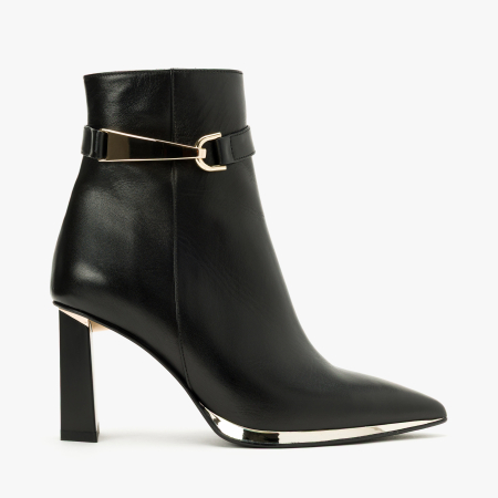Ghete Damă Elegante, Piele Naturală, Negru, Cataramă Aurie, Toc Gros 8 cm, Fermoar, Renzoni 7751 [1]
