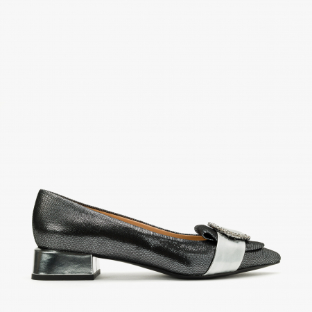 Pantofi Dama Eleganti, Negru-Argintiu, Nabuc Sidefat, Cristale Swarovski, Toc Gros 3 cm, Accademia 3675 [1]