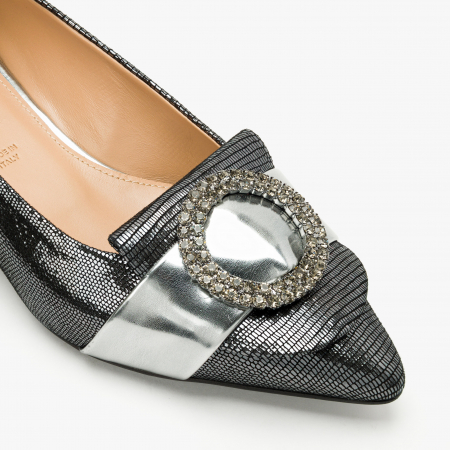 Pantofi Dama Eleganti, Negru-Argintiu, Nabuc Sidefat, Cristale Swarovski, Toc Gros 3 cm, Accademia 3675 [3]