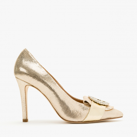 Pantofi Dama Eleganti, Auriu, Nabuc, Toc Subtire 10 cm, Accesoriu Cristale Swarovski, Accademia 3678 [1]