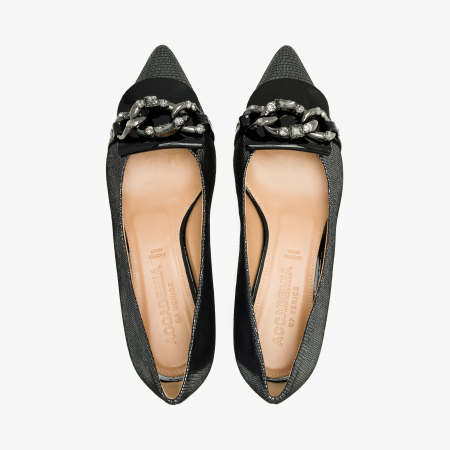 Pantofi Dama Eleganti, Negru-Argintiu, Nabuc Ștanțat, Toc Gros 2.5 cm, Accesoriu Zale Cristale, Accademia 3655 [2]