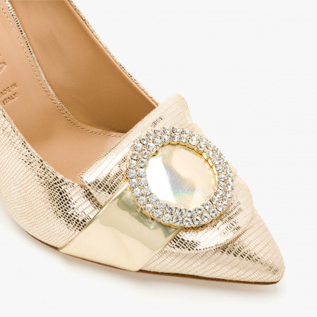Pantofi Dama Eleganti, Auriu, Nabuc, Toc Subtire 10 cm, Accesoriu Cristale Swarovski, Accademia 3678 [3]