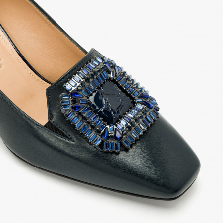 Pantofi Dama Eleganti din Piele, Bleumarin, Toc Gros de 5cm, Accesoriu din Cristale, Accademia 3673 [3]