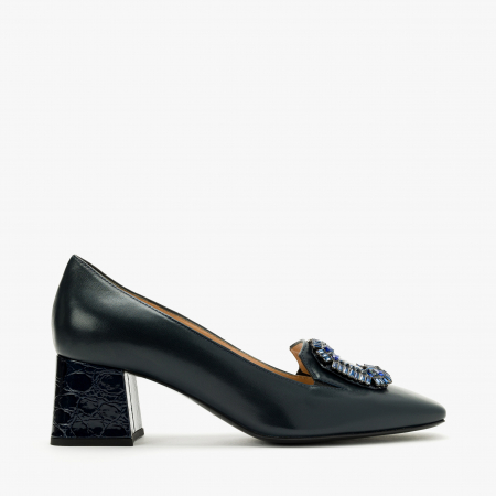 Pantofi Dama Eleganti din Piele, Bleumarin, Toc Gros de 5cm, Accesoriu din Cristale, Accademia 3673 [1]
