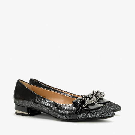 Pantofi Dama - Pantofi Dama Eleganti, Negru-Argintiu, Nabuc Ștanțat, Toc Gros 2.5 cm, Accesoriu Zale Cristale, Accademia 3655