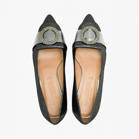 Pantofi Dama Eleganti, Negru-Argintiu, Nabuc Sidefat, Cristale Swarovski, Toc Gros 3 cm, Accademia 3675 [2]
