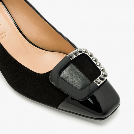 Pantofi Dama Eleganti, Negru, Finisaj Piele Intoarsă și Lac, Toc Gros 5 cm, Accesoriu cu Cristale, Accademia 3672 [3]