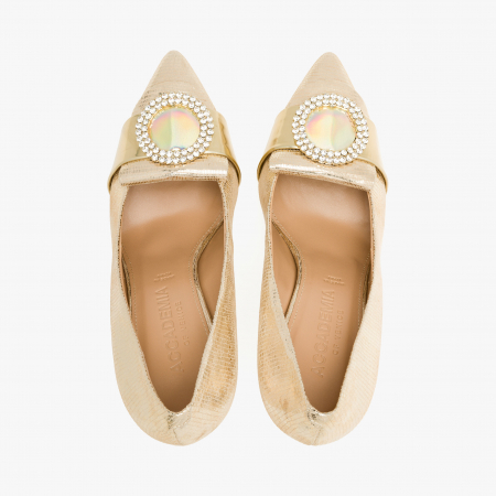 Pantofi Dama Eleganti, Auriu, Nabuc, Toc Subtire 10 cm, Accesoriu Cristale Swarovski, Accademia 3678 [2]