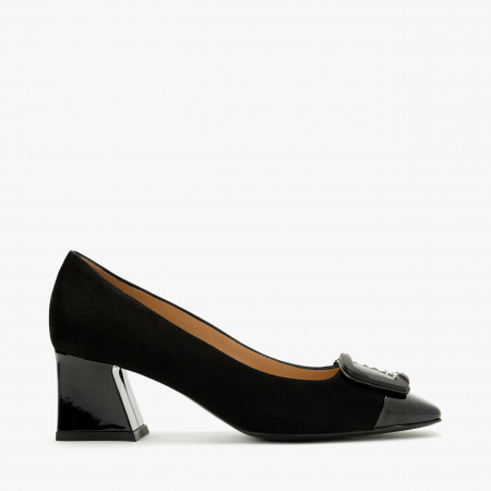 Pantofi Dama Eleganti, Negru, Finisaj Piele Intoarsă și Lac, Toc Gros 5 cm, Accesoriu cu Cristale, Accademia 3672 [1]
