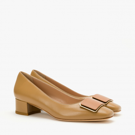 Pantofi Dama - Pantofi Dama Eleganti din Piele, Varf Patrat, Toc Gros de 3 cm, Culoare Havan, Toate Sezoanele, Angelo Giannini 1145