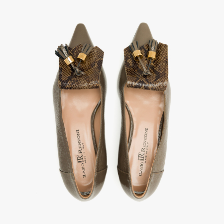 Pantofi Dama Eleganti, Piele Naturala Lacuita Bej, Imprimeu Piton, Ciucuri Decorativi si Toc Jos 2 cm, Renzoni 8685 [2]