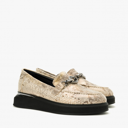Pantofi Dama Casual - Pantofi Damă Casual, Bej, Piele Imprimată, Ornament Argintiu, Talpa Comoda, LAB Milano by Renzoni 10475484