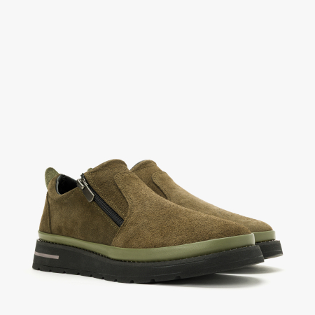 Pantofi Dama - Pantofi Damă Casual din Piele Întoarsă, Oliv, Fermoar Lateral și Talpă Comodă, LAB Milano by Renzoni 0452617