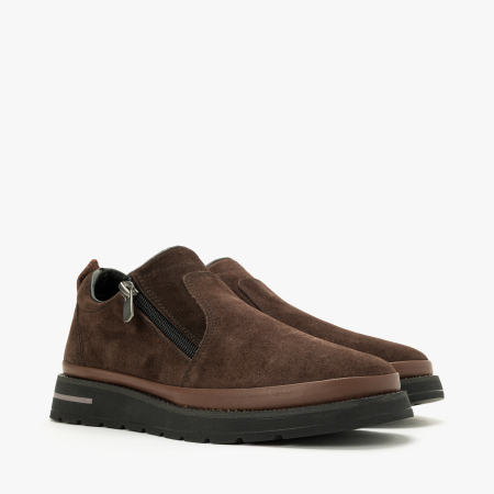 Pantofi Dama - Pantofi Damă Casual din Piele Întoarsă, Maro, Fermoar Lateral și Bandă cu Ținte Decorative, LAB Milano by Renzoni 0452617