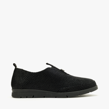 Pantofi Dama Casual, Piele Intoarsa Neagra, Finisaj Stantat, Textura Tip Sarpe, Insertii Elastice si Talpa Comoda de 2 cm, LAB Milano by Renzoni 0482660 [1]