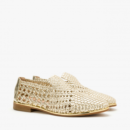 Pantofi Dama - Pantofi Dama Casual din Piele Impletita, Culoare Aurie, Toc Comod de 1 cm, Sezon Primavara-Vara, Renzoni 5348