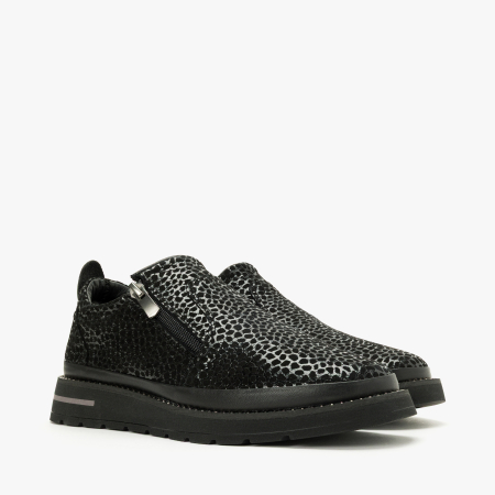 Pantofi Dama - Pantofi Damă Casual din Piele Ștanțată, Negru, Fermoar Lateral și Talpă Comodă, Animal Print Lucios, LAB Milano by Renzoni 0452617