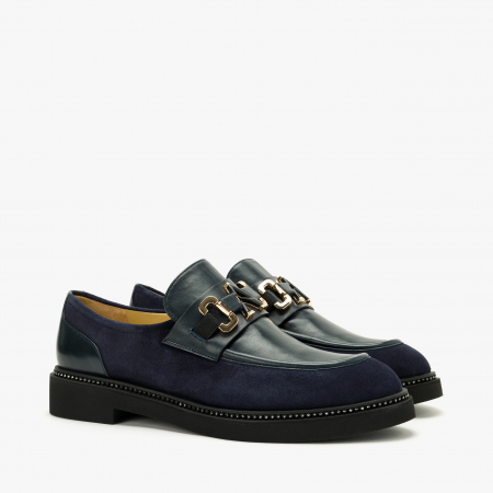 Pantofi Dama - Pantofi Damă Casual/Elegant, Bleumarin, Piele Intoarsă, Accesoriu Auriu, Varf Clasic, Toc Comod, Accademia 3743