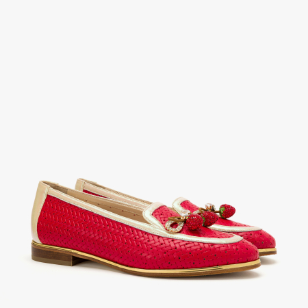 Incaltaminte Dama - Pantofi Dama Casual Eleganti, Culoare Rosie, Piele Naturala Perforata, Aplicatie Fructe cu Cristale si Fundita Decorativa, Renzoni 5814