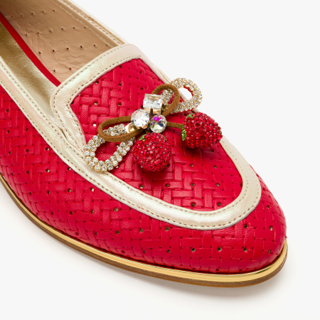 Pantofi Dama Casual Eleganti, Culoare Rosie, Piele Naturala Perforata, Aplicatie Fructe cu Cristale si Fundita Decorativa, Renzoni 5814 [3]