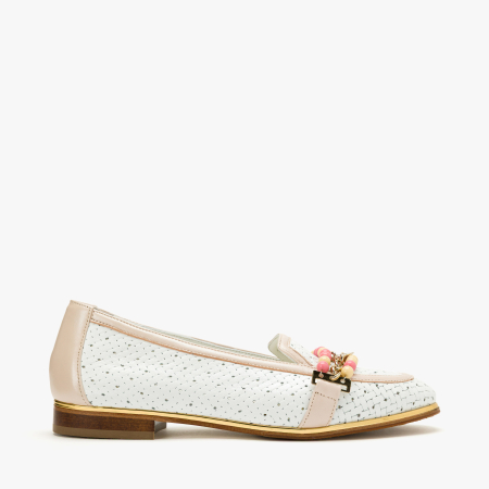 Pantofi Dama Casual Eleganti, Piele Naturala Alba Perforata si Impletita, Margele Multicolore, Talpa Joasa 1 cm, Renzoni 5814 [1]
