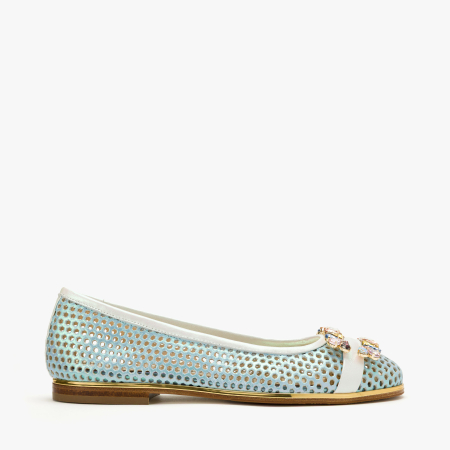 Pantofi Dama Casual/Eleganti, Piele Naturala Bleu Perforata, Slip-On cu Aplicatie Tip Bijuterie, Talpa Joasa Confortabila 1 cm, Renzoni 5830 [1]
