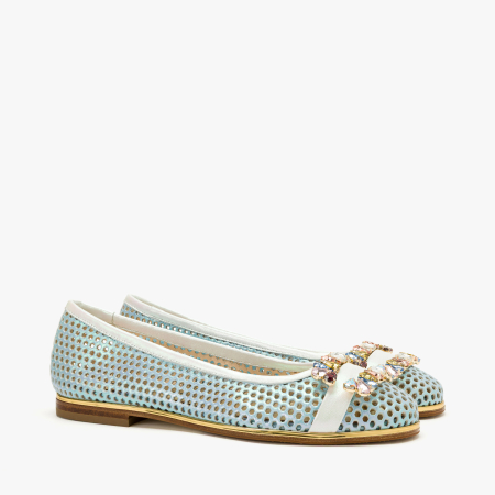 Incaltaminte Dama - Pantofi Dama Casual/Eleganti, Piele Naturala Bleu Perforata, Slip-On cu Aplicatie Tip Bijuterie, Talpa Joasa Confortabila 1 cm, Renzoni 5830